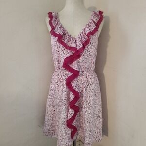 Ann Taylor LOFT Womens V Neck Dress Size S White Pink Polka Dot Ruffle